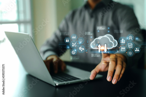 Cloud documentation and personal information online database storage and data privacy protection on computer network or online banking protect or cyber security concept.