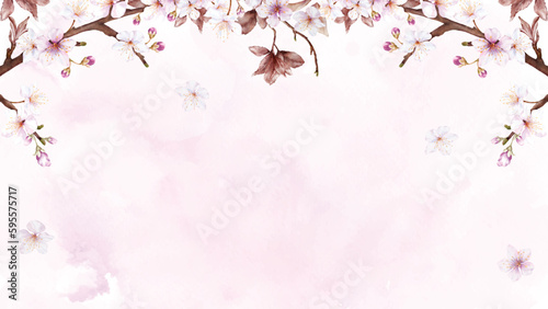 Watercolor art of Cherry blossom branch and pink sakura flower on stains background
