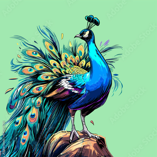 Colored vector  inked style peacock wall art