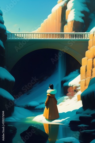 Wald mit Schnee mit Bergen im Hintergrund der Himmel,  mit einem Wanderer