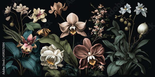 Vintage botany orchid flowers and green leaves on black background. Generated AI