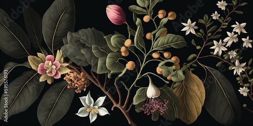 Vintage botany flowers and green leaves on black background. Generated AI