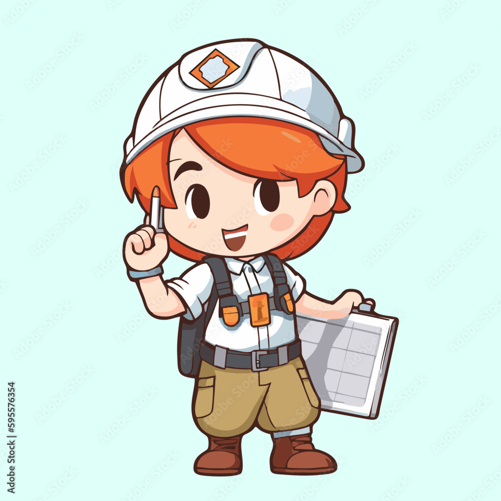 Illustration of a cute red haired fireman holding a clipboard