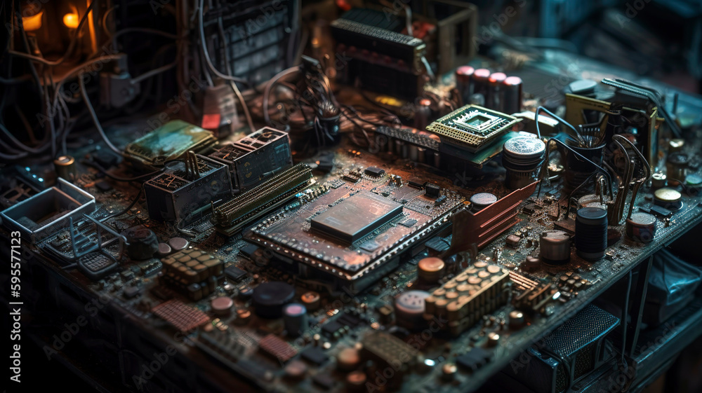 Dusty motherboard with electronic components in the style of dystopian landscapes.