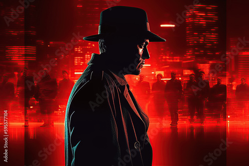 portrait of male detective in hat with double exposure. Poster banner for thriller movie and book dramatic novel. Generative AI illustration