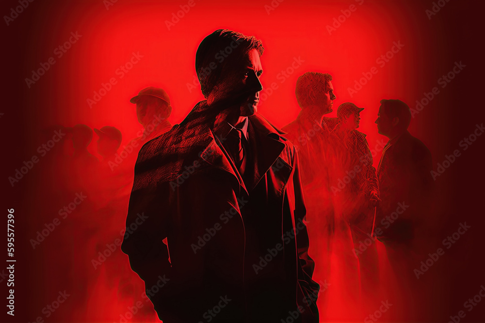 silhouette of male detective with double exposure. Poster banner for thriller movie and book dramatic novel. Generative AI illustration