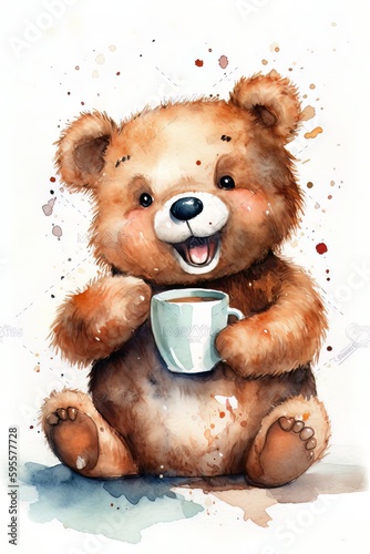 A Whimsical Watercolor of a Cuddly Critter Enjoying a Cozy Cup of Coffee