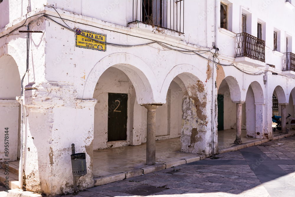 Facade of Mudejar houses in Plaza Alta in Badajoz (Spain)