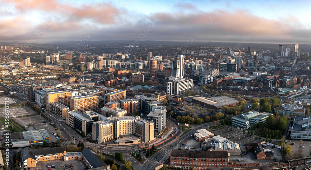 Aerial panorama of Holbeck in a Leeds cityscape skyline with an early morning sunrise