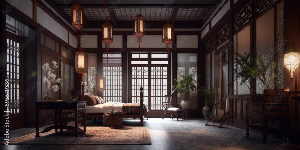 Asian interior design room with beautiful lihtning generative ai