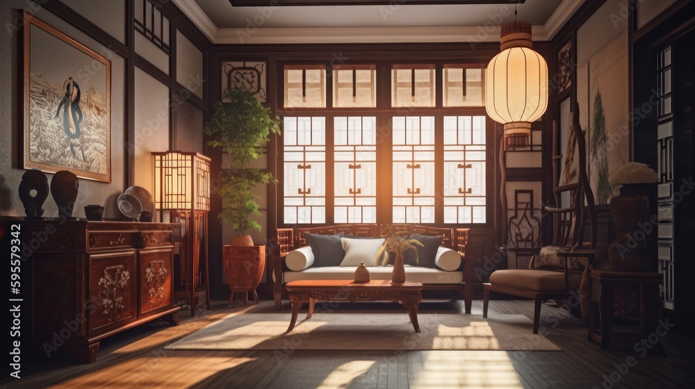 Asian interior design room with beautiful lihtning generative ai Asian interior design room with beautiful lihtning generative ai