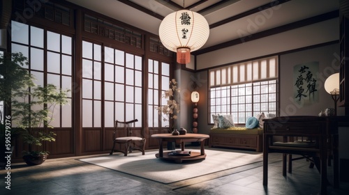 Asian interior design room with beautiful lihtning generative ai photo