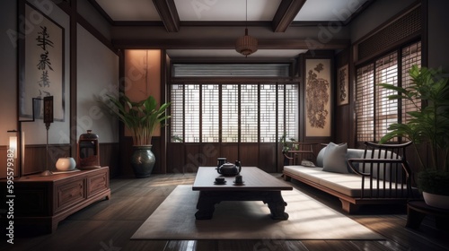 Asian interior design room with beautiful lihtning generative ai © Hixel