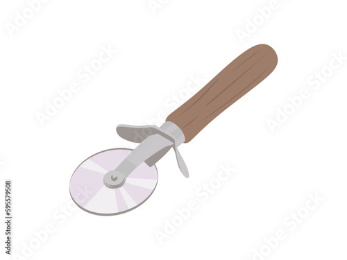 Knife for cutting pizza, cutting vegetables and dough with a wave. Stainless for pizza steel knife with comfortable handle isolated on white background. Knife with wheel in Flat vector illustration