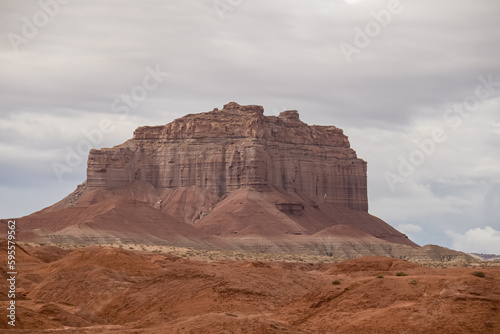 Scenic view on Wild Horse Butte in Goblin Valley State Park in San Rafael Swell desert in southern Utah, USA. Unique eroded Entrada sandstone hoodoo rock formations and orange rocks called goblins