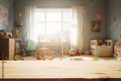 Wooden table free space over blur background of childrens room with kid toys. Product display presentation