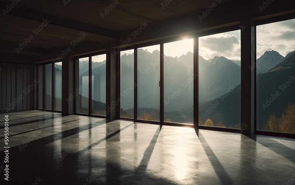 Spacious empty room with concrete floor and large glass windows and doors that lead to an astonishing view of some mountains. Generative AI. Spacious empty room with concrete floor and large glass windows and doors that lead to an astonishing view of some mountains. Generative AI.