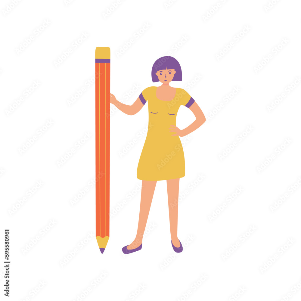 Student girl with pencil. Young woman in dress stands next to pencil. Theme of study, creativity, development. Colorful vector flat isolated illustration. Writer or businessman