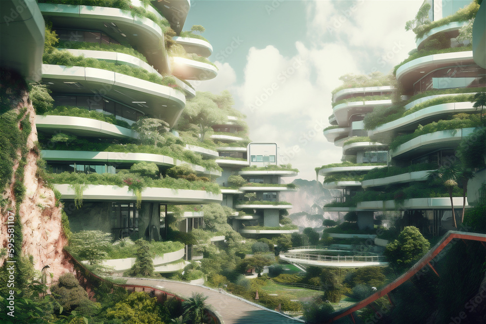 Beautiful futuristic city buildings covered with plants
