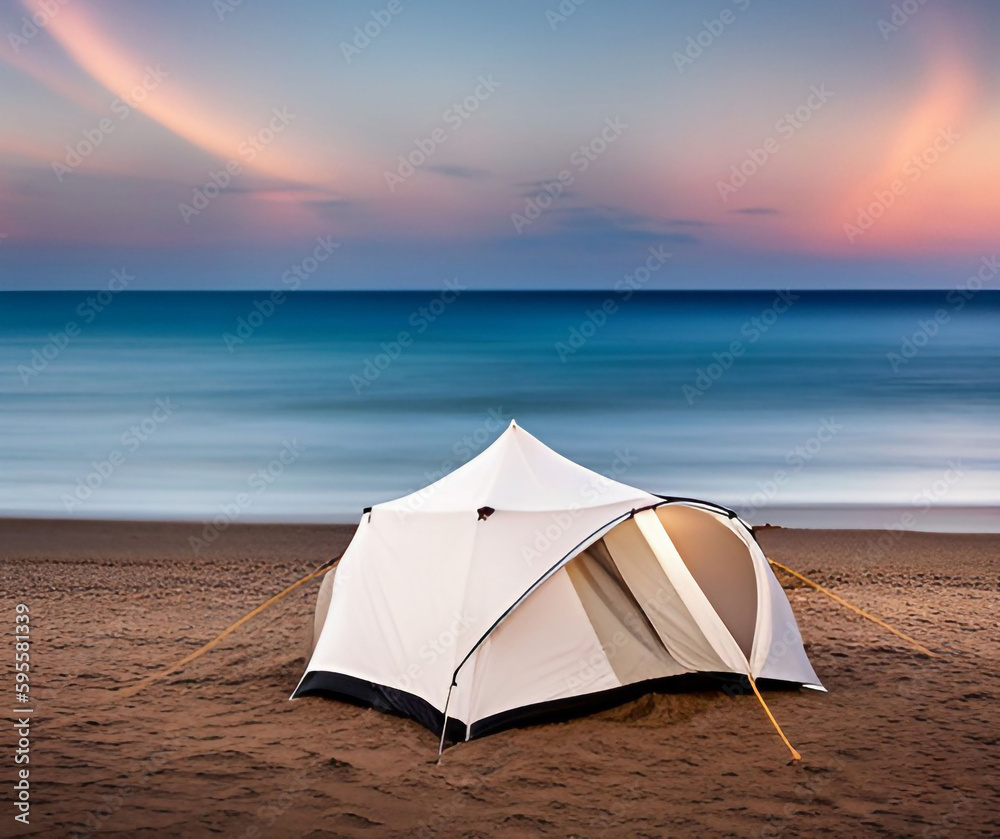 tent on the beach at sunset