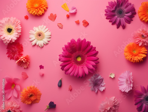 colorful spring flower on pink background top view. Generative Ai photo