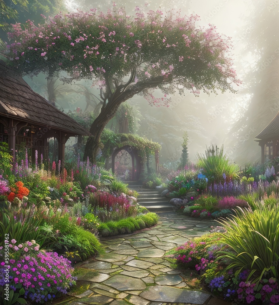 Fantasy garden, stone paths, flower bed, small waterfall, flowers, trees, castle, Generative AI Art Illustration 15