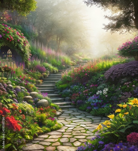 Fantasy garden  stone paths  flower bed  small waterfall  flowers  trees  castle  Generative AI Art Illustration 06