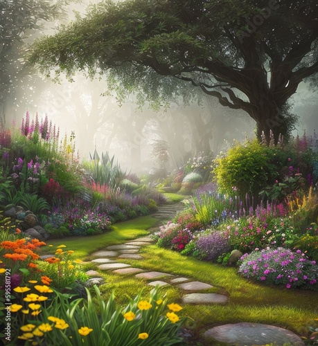 Fantasy garden, stone paths, flower bed, small waterfall, flowers, trees, castle, Generative AI Art Illustration 04