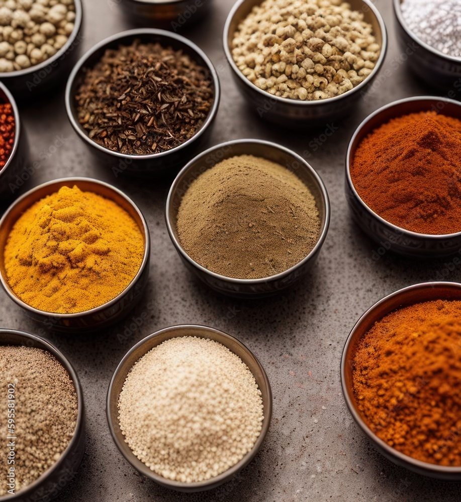 Various spices, paprika, pepper, salt, cinnamon, turmeric, curry, Generative AI Art Illustration 04 Various spices, paprika, pepper, salt, cinnamon, turmeric, curry, Generative AI Art Illustration 04