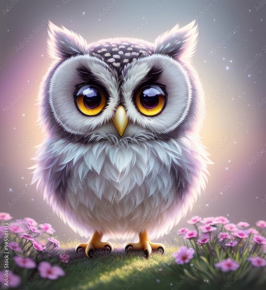 Fototapeta premium Baby owl in flowers, cute illustration with an owl, Generative AI Art Illustration 10