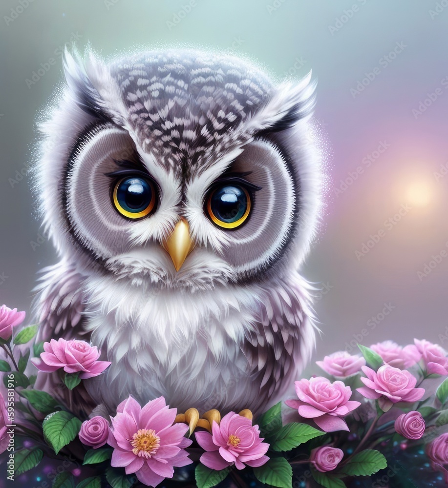 Fototapeta premium Baby owl in flowers, cute illustration with an owl, Generative AI Art Illustration 09