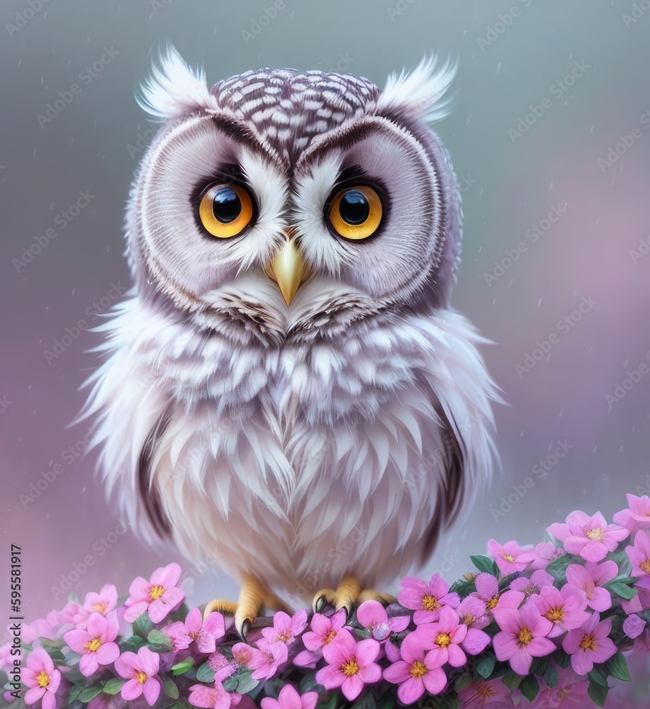 Fototapeta premium Baby owl in flowers, cute illustration with an owl, Generative AI Art Illustration 08