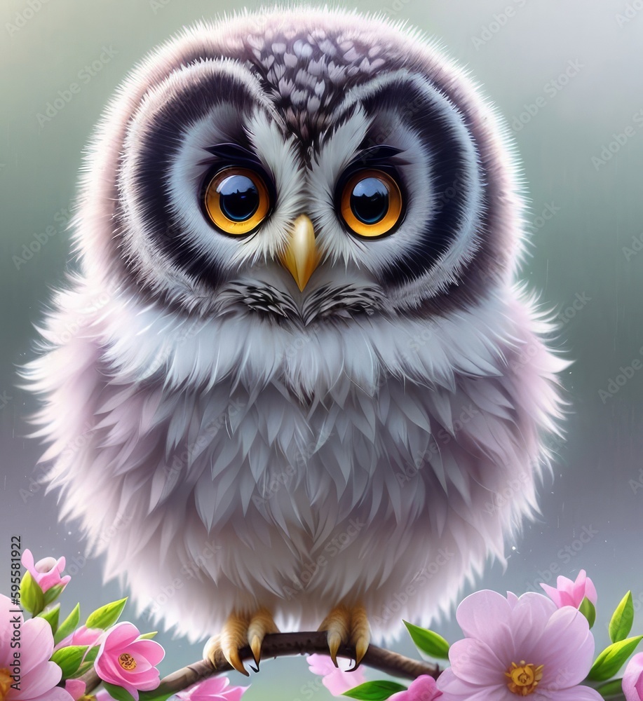 Fototapeta premium Baby owl in flowers, cute illustration with an owl, Generative AI Art Illustration 05