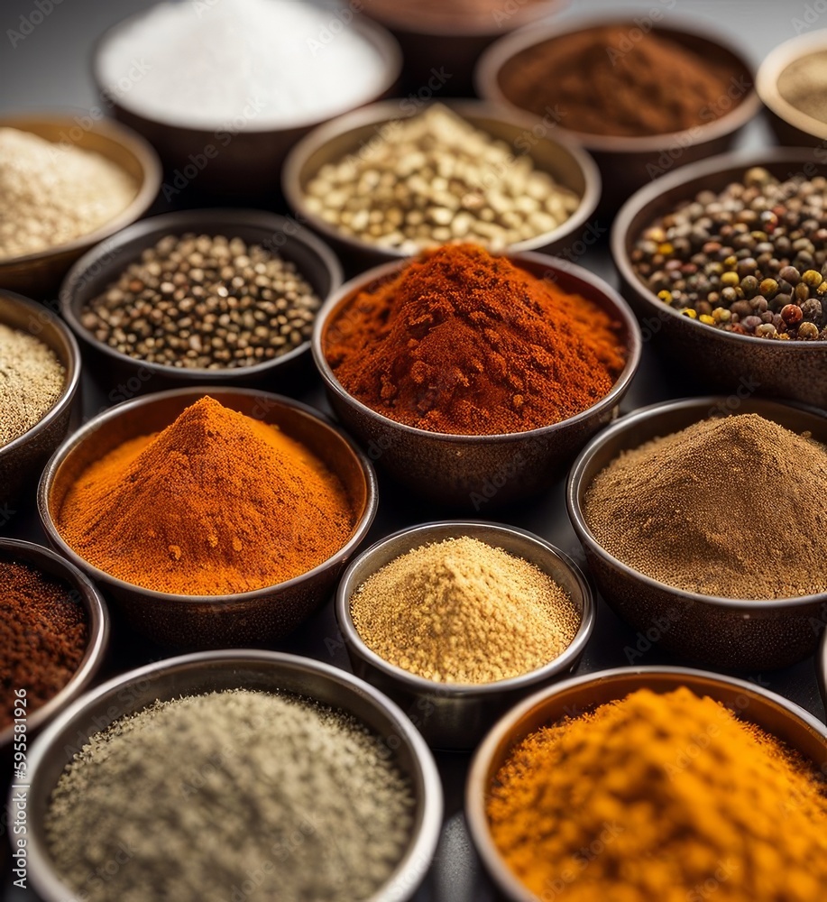 Various spices, paprika, pepper, salt, cinnamon, turmeric, curry, Generative AI Art Illustration 01