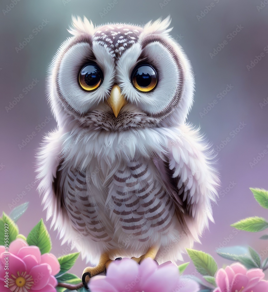 Baby owl in flowers, cute illustration with an owl, Generative AI Art Illustration 02