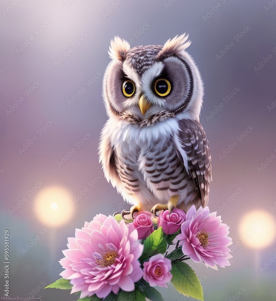 Baby owl in flowers, cute illustration with an owl, Generative AI Art Illustration 01 Baby owl in flowers, cute illustration with an owl, Generative AI Art Illustration 01