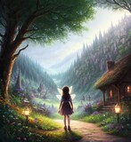 A little fairy child with brown hair, a mysterious forest, a fairy house, Generative AI Art Illustration 18