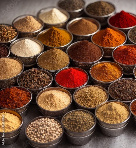 Various spices, paprika, pepper, salt, cinnamon, turmeric, curry, Generative AI Art Illustration 03