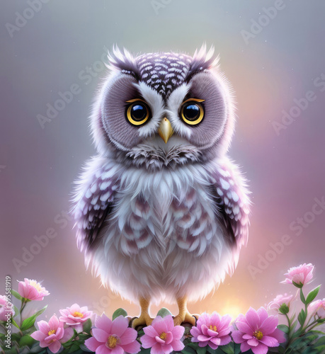 Baby owl in flowers, cute illustration with an owl, Generative AI Art Illustration 06 ©  Markiza ART