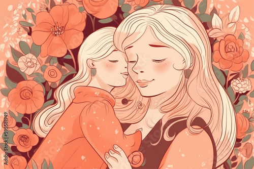 A mother and her baby are hugging each other. Mother s day background. Mother s day illustration with generative ai 