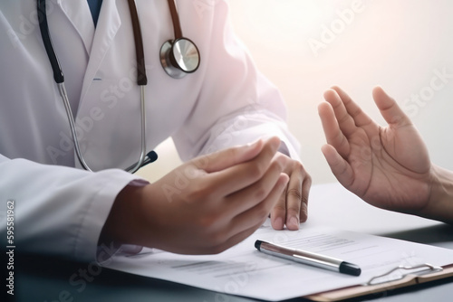 doctor takes a patient, doctor's hands close-up with a pen and a blank or medical record. close up of patient and doctor writing down notes.concept of medicine and life insurance.Generative AI