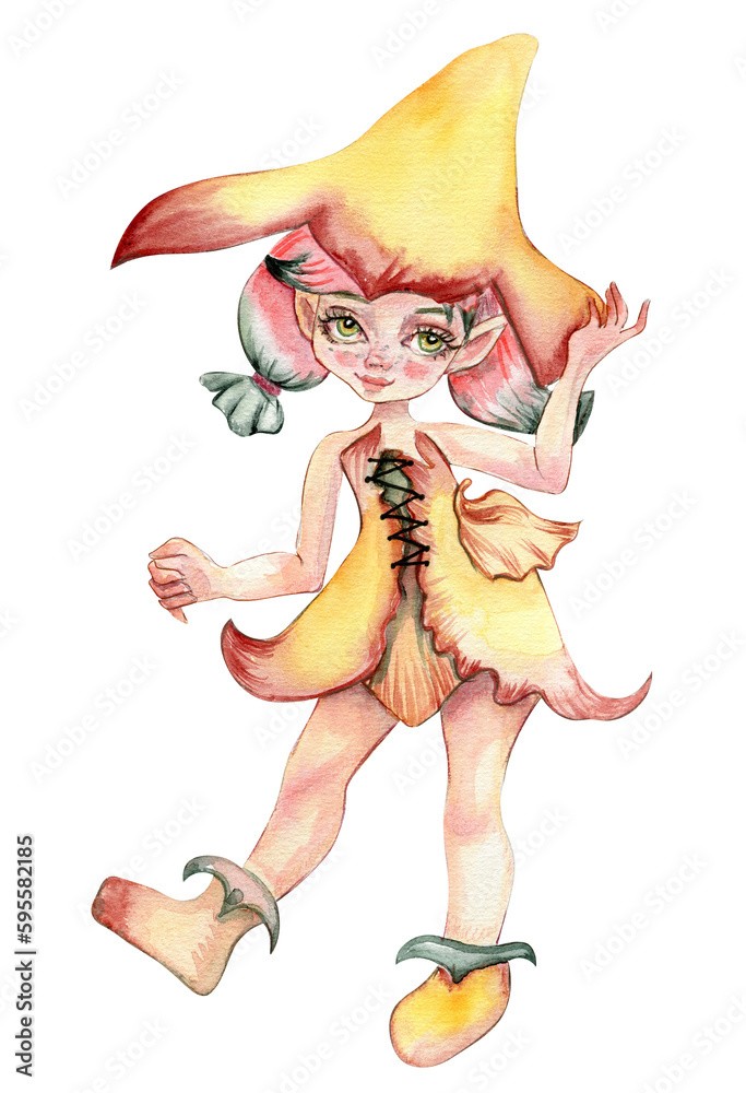 Fototapeta premium Watercolor cartoon fairy with magic wings. Watercolor hand draw fairy tale illustration. Illustartion with white isolated background. Perfect for greeting card, poster, wedding invitation, party decor