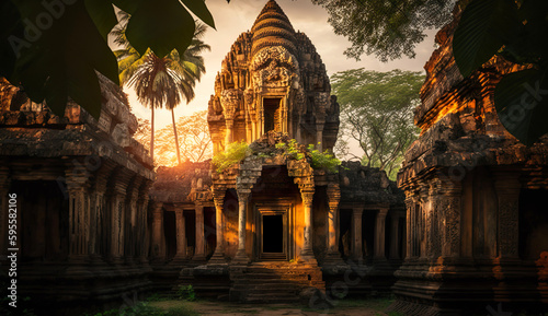 A breathtaking photo of an ancient temple nestled deep in a tropical jungle, generative Ai © Aleksandr