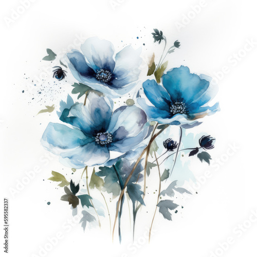 Blue watercolor flowers bouquets, white hydrangea, ranunculus, anemone, thistle flowers, greenery and eucalyptus, juniper, bouquets.Trendy color collection. Isolated and editable.Generative AI
