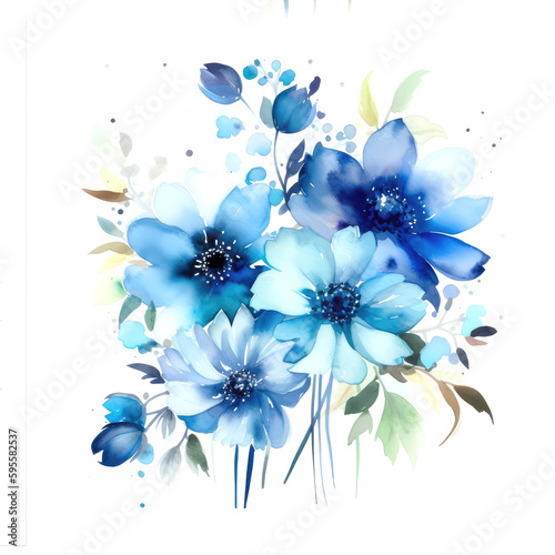 Blue watercolor flowers bouquets, white hydrangea, ranunculus, anemone, thistle flowers, greenery and eucalyptus, juniper, bouquets.Trendy color collection. Isolated and editable.Generative AI