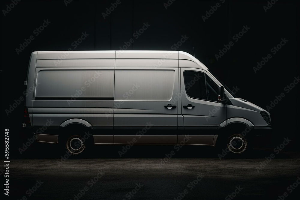 White cargo van on dark gray background. Generative AI