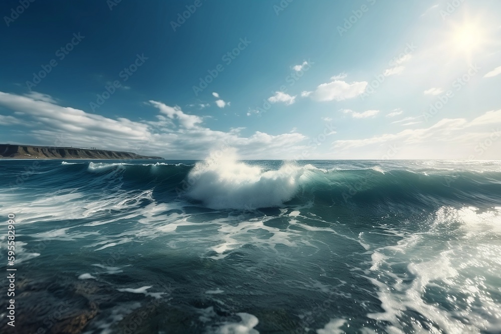 Beautiful marine background. Waves roll on the coast. Generative AI.