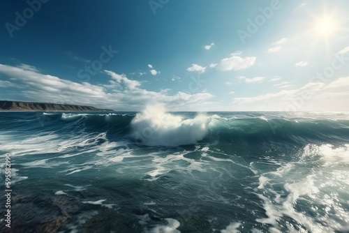 Beautiful marine background. Waves roll on the coast. Generative AI.
