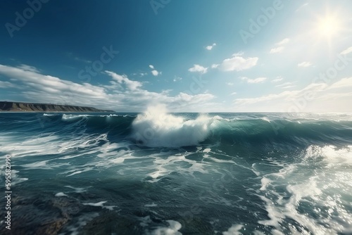 Beautiful marine background. Waves roll on the coast. Generative AI. © D