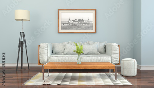 Illustration - Skandinavisches, nordisches Wohnzimmer mit einer Couch, Tisch, Teppich, Wandbild und einer Lampe - Textfreiraum - Platzhalter